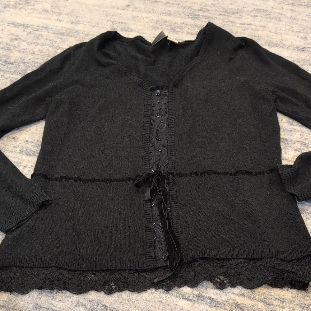 Black Knit Cardigan with Lace Detail
